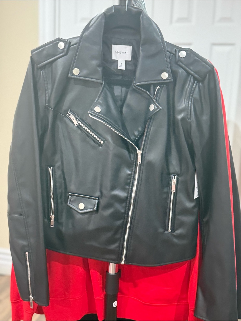 Nine West Black Faux Leather Moto Jacket with Red Accent